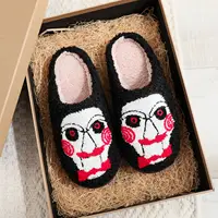 Horror Movie Chainsaw Horror Skull Pattern fashion Embroidery stuffed Home Thick Sole plaid Furry Cotton Slippers Personality Warm Non-Slip Indoor Slippers Men Women Can Wear Halloween Christmas Gift 1