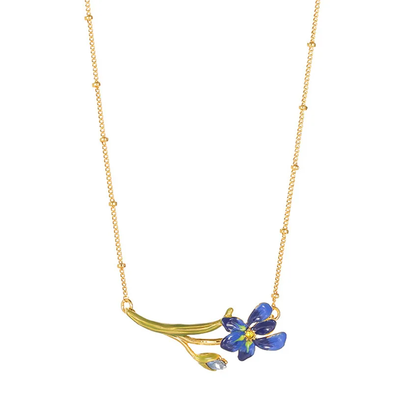 Luxury Sweet Fashion Flower Pendant Blue Iris Flower-de-luce Asymmetrical Long Earrings Necklace for Women Jewelry Accessories