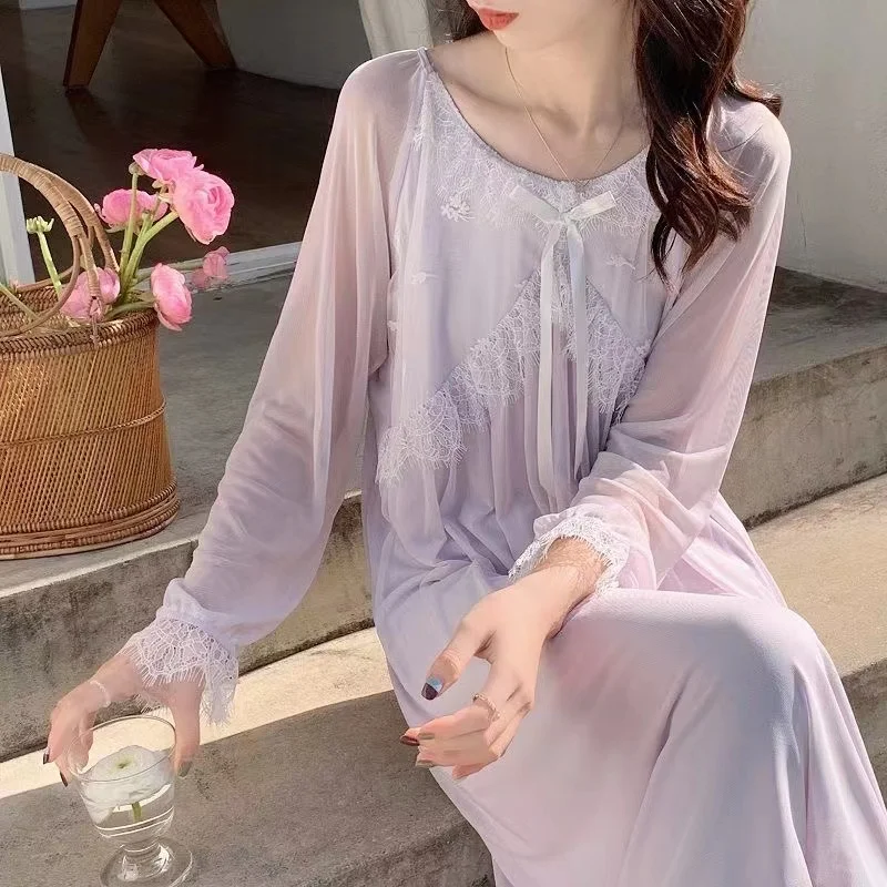 

Summer Women Sleepwear Sexy New Princess Style Nightdress Long Sleeve V-Neck Sweet Girl Loose Nightgowns Pajamas Nightwear