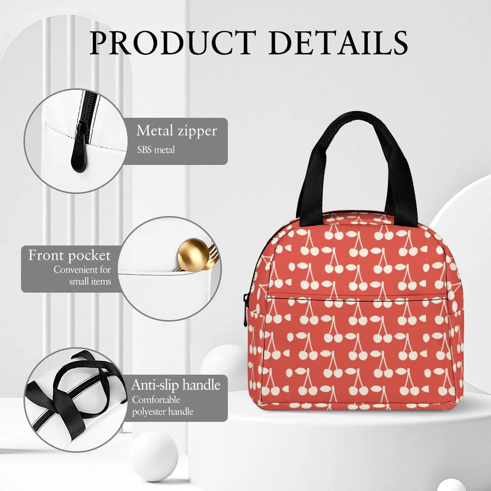 Custom Pattern Tote Lunch Bags for Women Red Cherry Print Portable Lunch Bag Picnic Travel Breakfast Box Office Work School