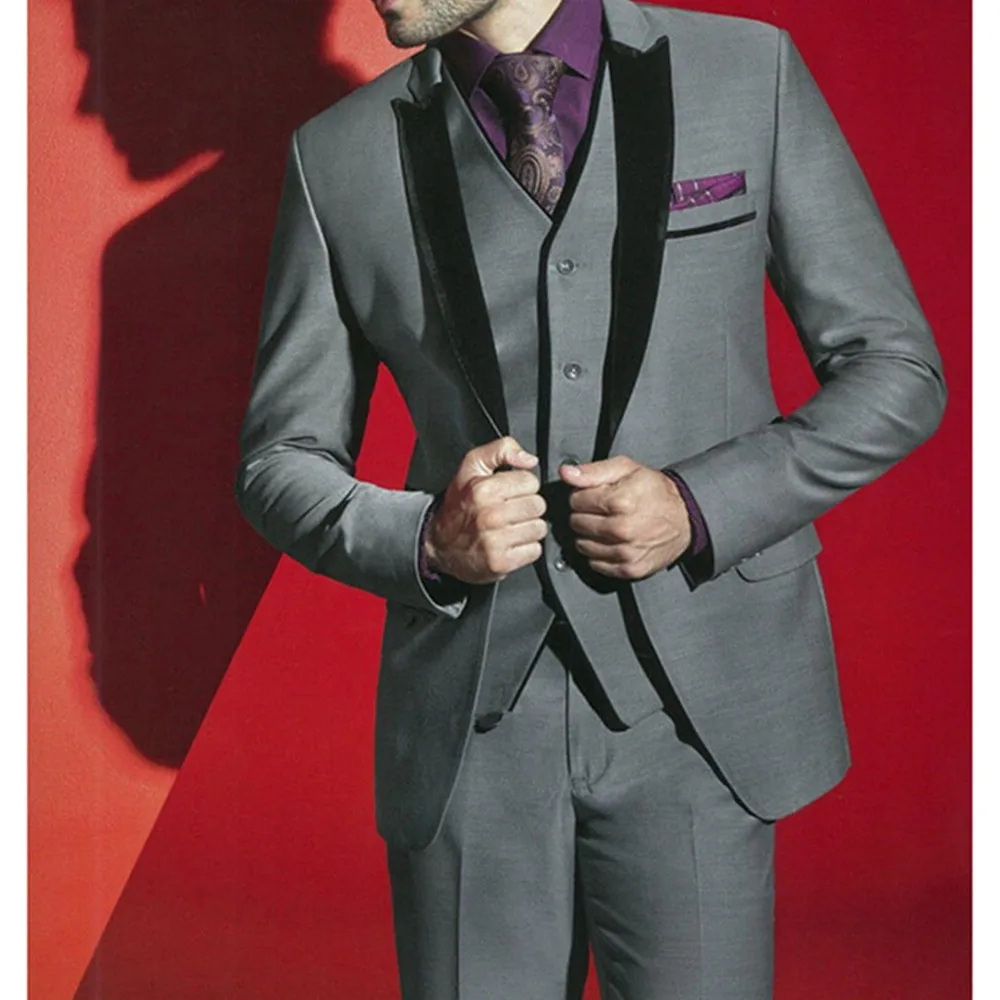 

Hot Sale Gray Handsome Notched Lapel Blazer Trousers Wedding Suit Prom Bridegroom Custom Made Suits (Jacket+Pants+Vest)
