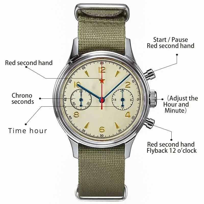 รูปสินค้า นาฬิกาวินเทจ 42 มม. นักบิน กันน้ำ ฟังก์ชัน Chronograph