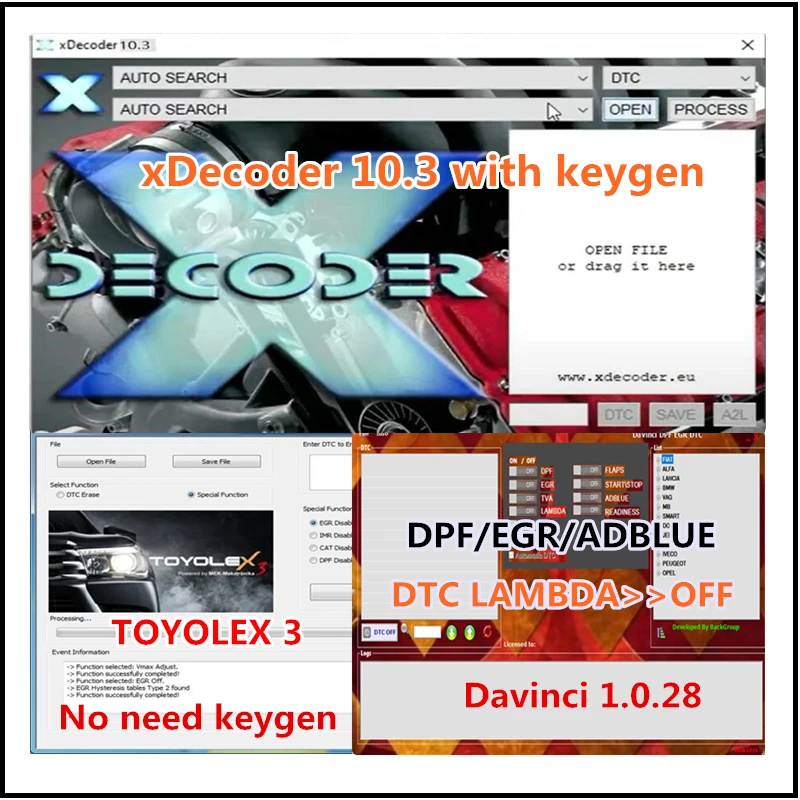 

3 in 1 Package xDecoder 10.3 with Free Keygen + DAVINCI 1.0.28 + TOYOLEX 3 DTC Remover DTC Remover Unlimited for many laptops