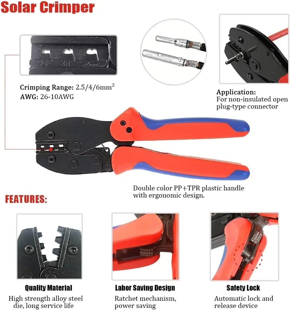 Solar PV Crimping Tool Kit For AWG14-10 2.5/4/6mm&sup2; With Stripper Wire Cable Cutter Solar panner Solar Connector Kit