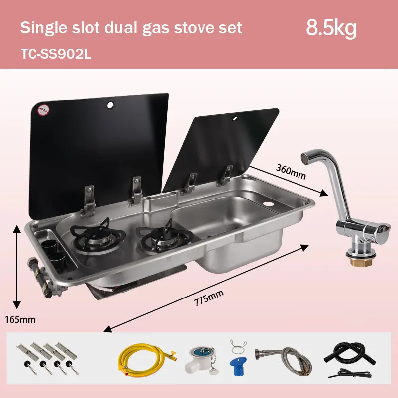RV Gas Stove Two Burner Rectangular Stainless Steel Sink Combi with 2 Glass Lid 2.18KW 0.8MM Thickness for Car Kitchen