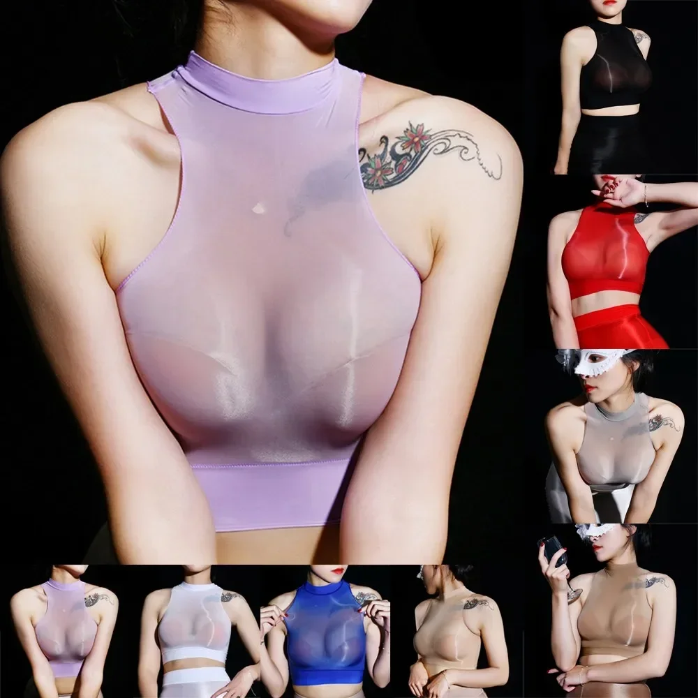 Sheer Tops Shiny Soft Womens Fashion Breathable Comfortable Crop Top Halter See-through women lingerie bra