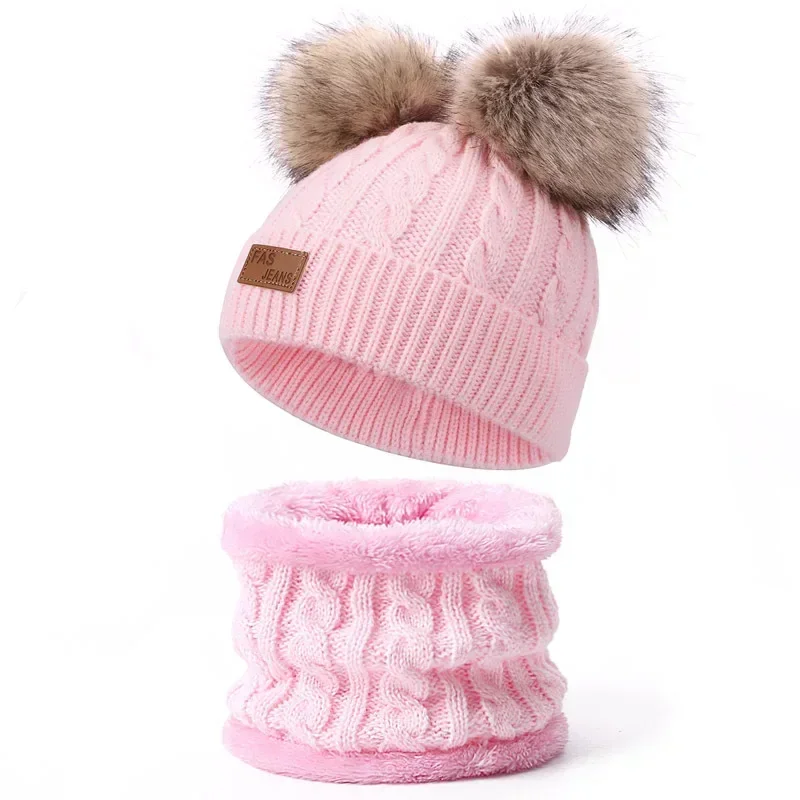 2 in 1 Kids Winter Hat and Neck Warmer Set Child Knitted Hat with Pompom Cute White Toddler Neckwarmer Girls Boys with Snood
