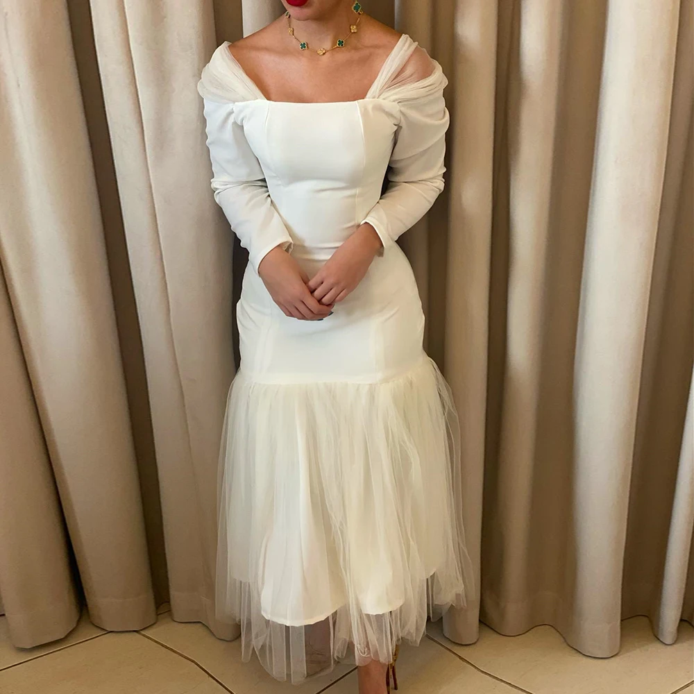 

Simple White Long Sleeve Evening Dress Saudi Arabia Jersey Ankle Length Short Party Prom Dress High Quality Vestido De Noche