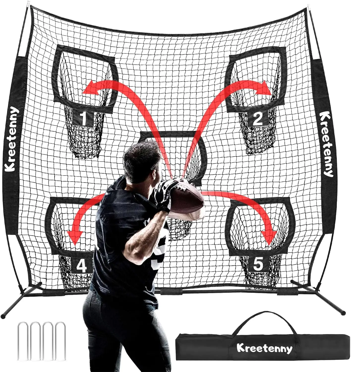 Football Nets for Throwing, 7 x 7ft Football Target Net, 5 Target Pockets Quarterback Throwing Net with Carry Bag