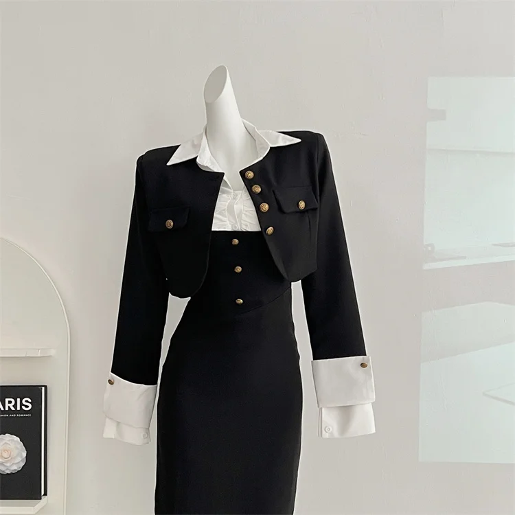 Y2K 3-piece Set Women Crop Coat Blazer White Shirt Halter Sleeveless Bodycon Midi Dress Autumn New Female Korean Chic Outfits