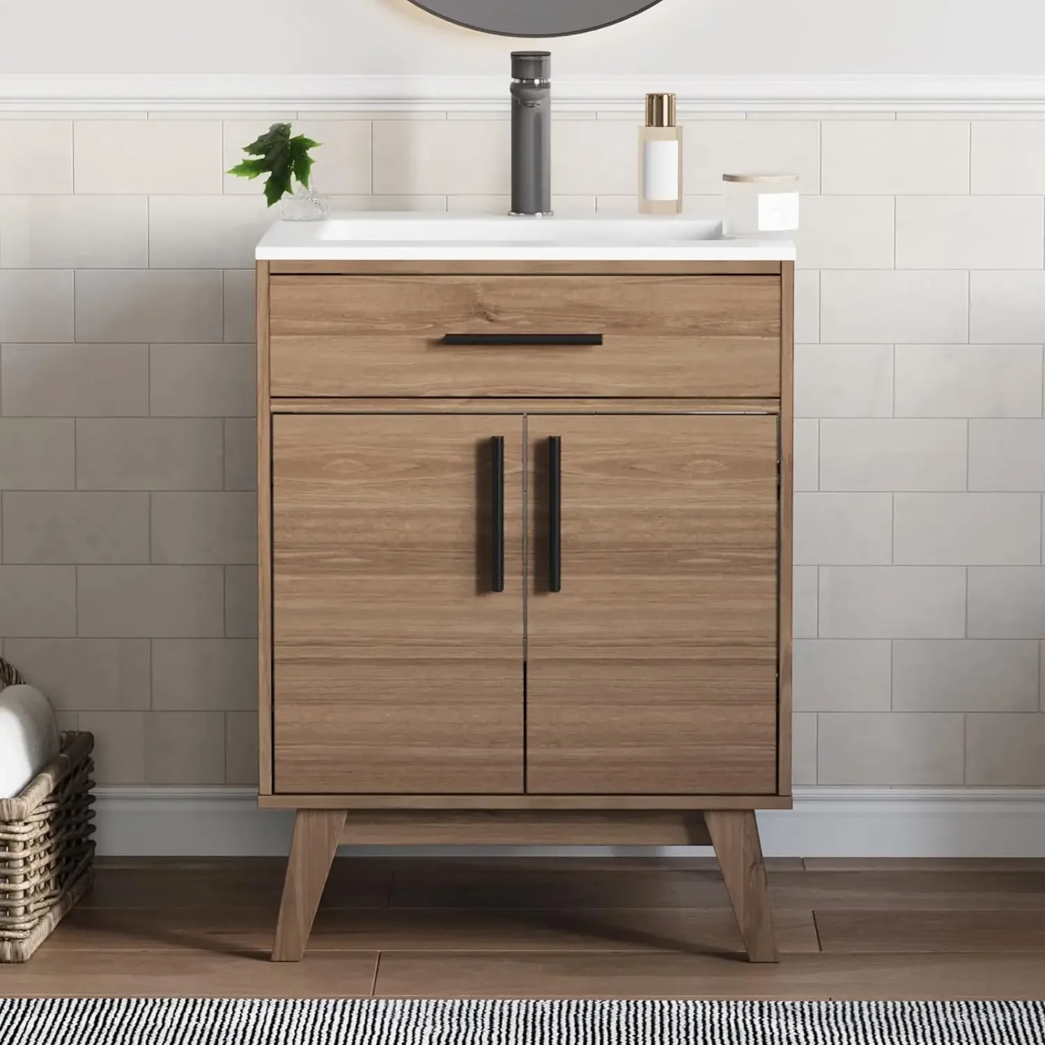 24.5in Bathroom Vanities and Sink, Mid-Century Small Bathroom Vanity with Single Hole Acrylic Countertop