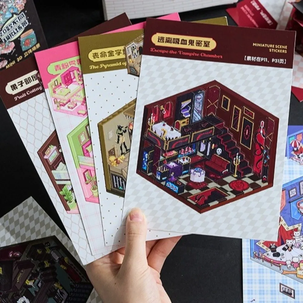 Horror Theme Cabin Scene Stickers PET DIY Crafts 3D Miniature Houses Cartoon Town 20 Scene 51 Sheets Pocket Toy Game Book