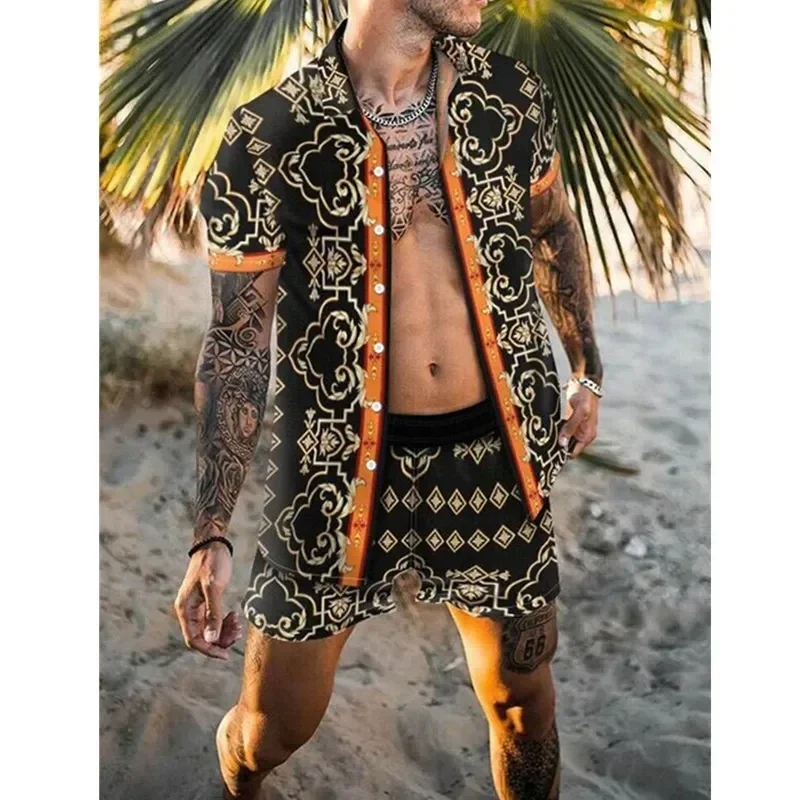 2024 Men Hawaiian 2Pcs Sets Summer 3D Print Short Sleeve Shirt Beach Button Shorts Streetwear Shirt Holiday Men's Two Piece Suit