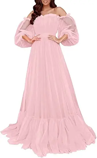 

Women's Tulle Ball Gown Long Sleeve Off Shoulder Evening Gowns