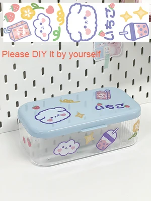 Kawaii Storage Box With Sticker Lid Cute Portable Mask Case Holder Plastic  Container For Cosmetics Stationery Desk Organizer