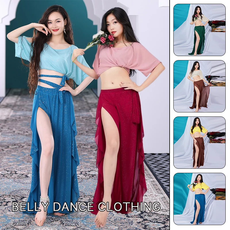 Costume de danse du ventre pour femmes, tenue orientale Sexy en Tulle, vêtements d'entraînement professionnels, haut court, couleur unie, longue jupe fendue
