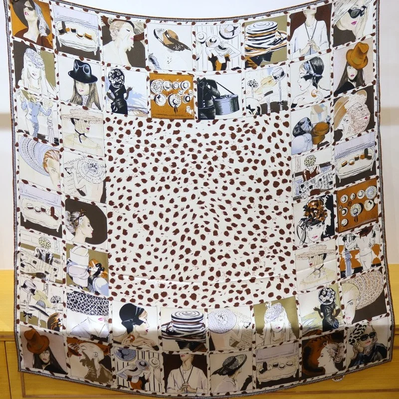 

High-end Elegant Women's Exquisite Animation Character Printed Quality Silk Hand-rolled Edge Versatile Large Square Scarf Shawls
