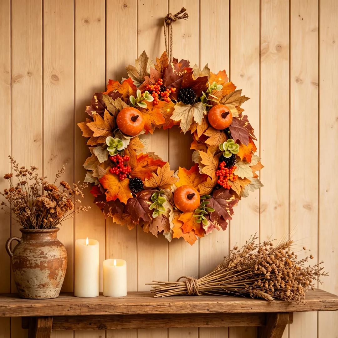 45CM Fall Pumpkin Wreath with Maple Leaves Berries Autumn Front Door Decor Thanksgiving Halloween Christmas Home Outdoor Wreath 4