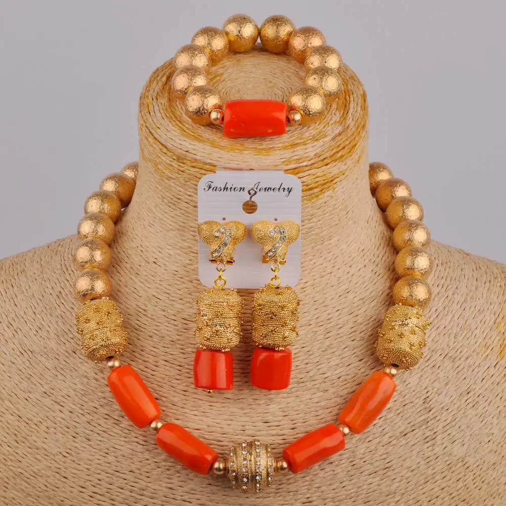 

Simple Nigerian Wedding Orange Natural Coral Necklace African Wedding Beads Bridal Wedding Jewelry Set AU-731