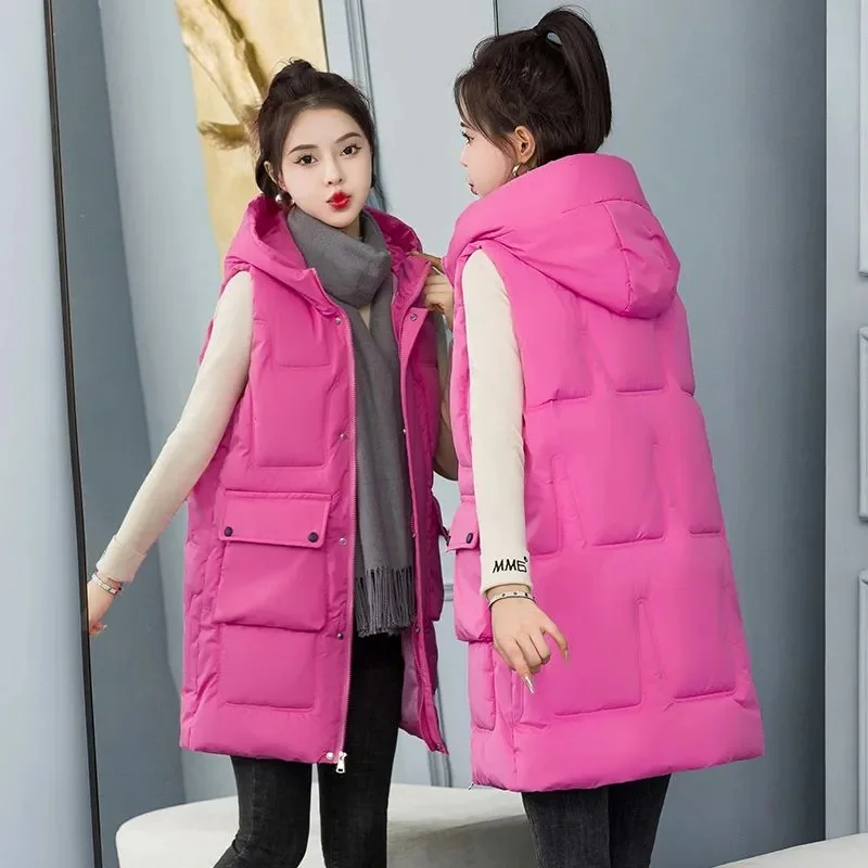 2023 New Women Coat Winter Jacket Warm Vest Thicken Hooded Long Coat Casual Waistcoat Cotton Padded Parkas Female Jackets