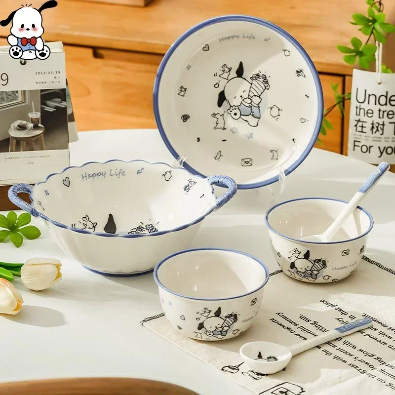 

Sanrio Pachacco Kawaii Cartoon Household Tableware Ceramic Bowl and Plate Set Spoon Fruit Plate Soup Bowl Anime Dinner Plate