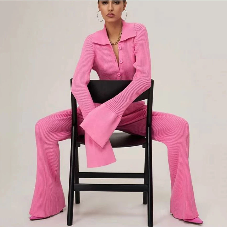 

Fashion Slim Knit Pajamas for Women Set Lapel Flare Long Sleeve Single Breasted Cardigan Sweater & Trousers Two-Piece Home Suit