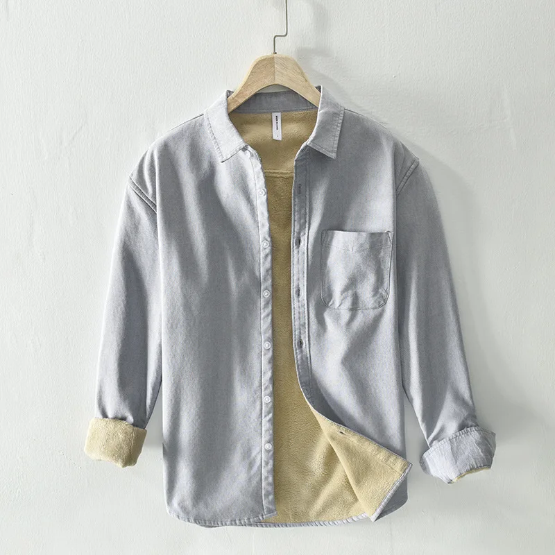 new spring Autumn winter plush warm casual men's long sleeve shirt loose fashion men's clothing Solid color mens