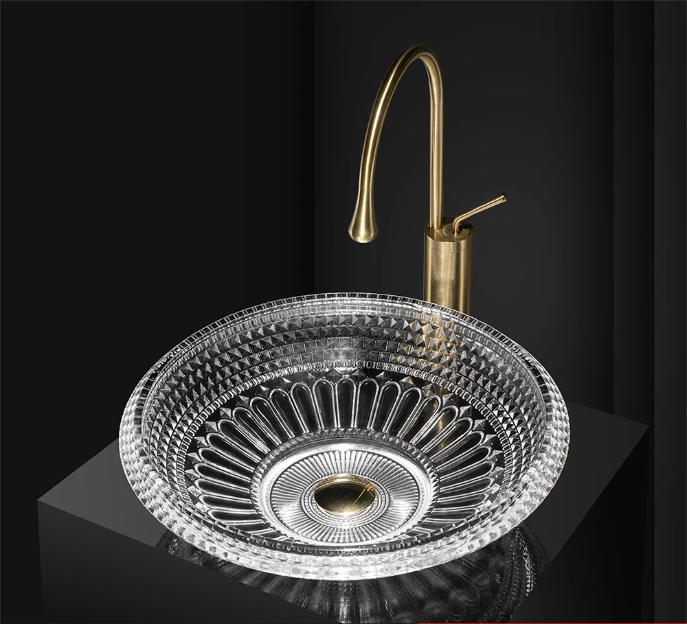 

Affordable Luxury Style Crystal Glass Transparent Washbasin Die Casting Art Hotel Bathroom Glass Table Basin Wholesale