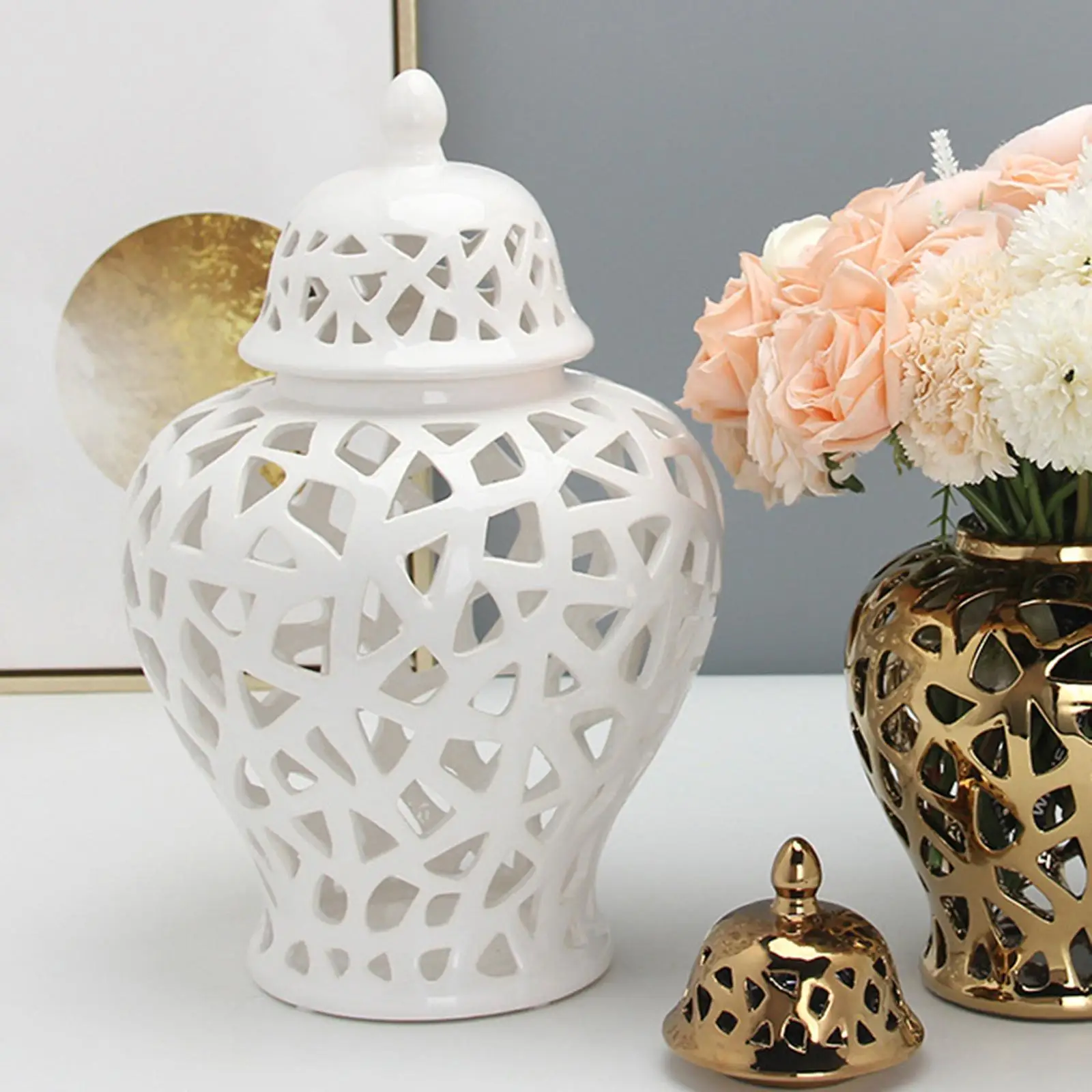 Ceramic Ginger Jar With Lid Hand Painted Ceramic Vase for Table Floral Arrangement for Home Decor White Large Vase
