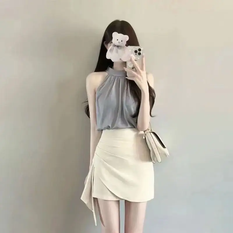 

2023 summer new Korean version of the laced Sleeveless chiffon shirt high-waisted professional White short skirt two-piece set
