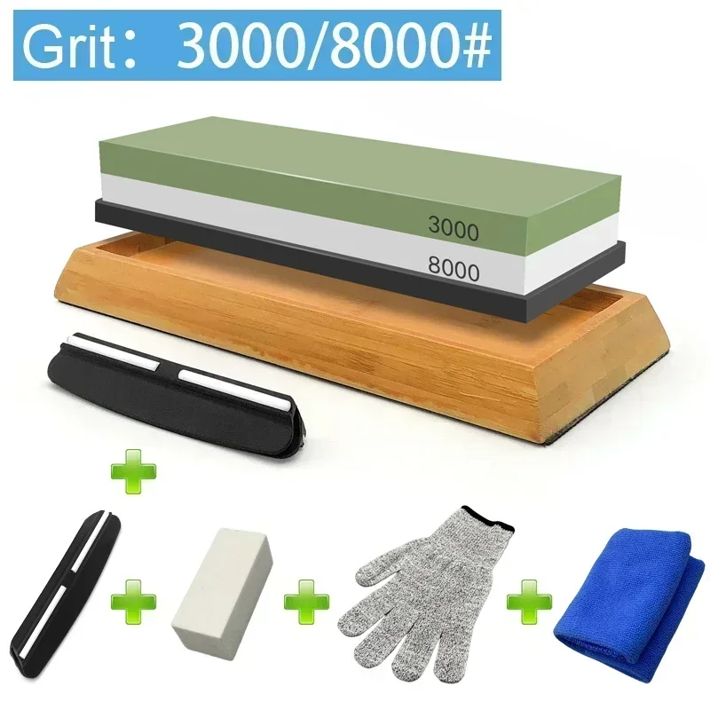Professional Knife Sharpening Whetstone Set with Wood Base and Angle Guide