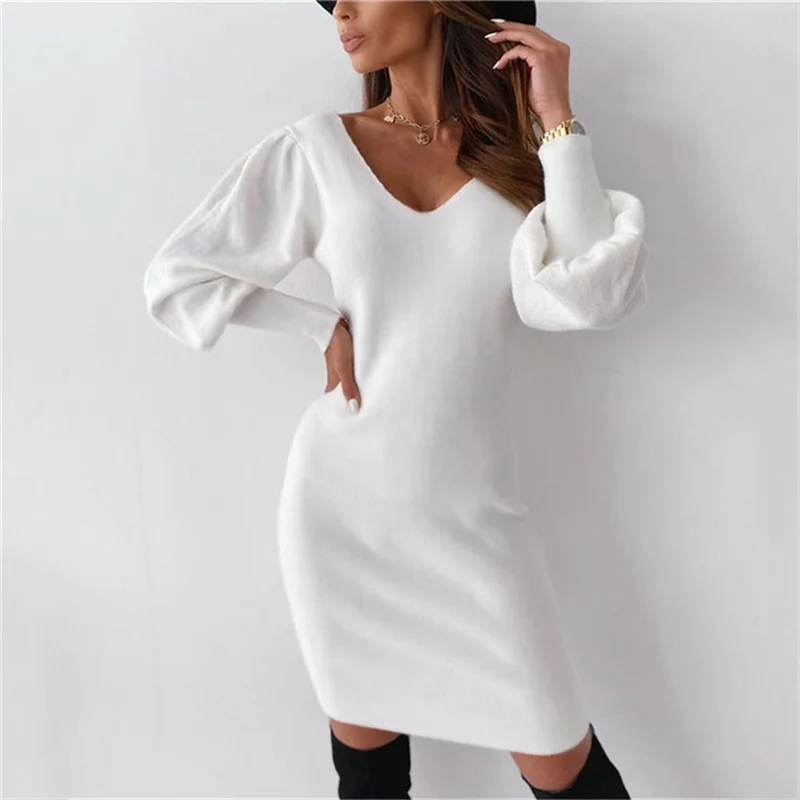 

Sexy Lace Splicing Backless Shrink Waist Dress Female Street Fashion V Neck Long Sleeves Solid Color Pencil Skirt Women Clothing