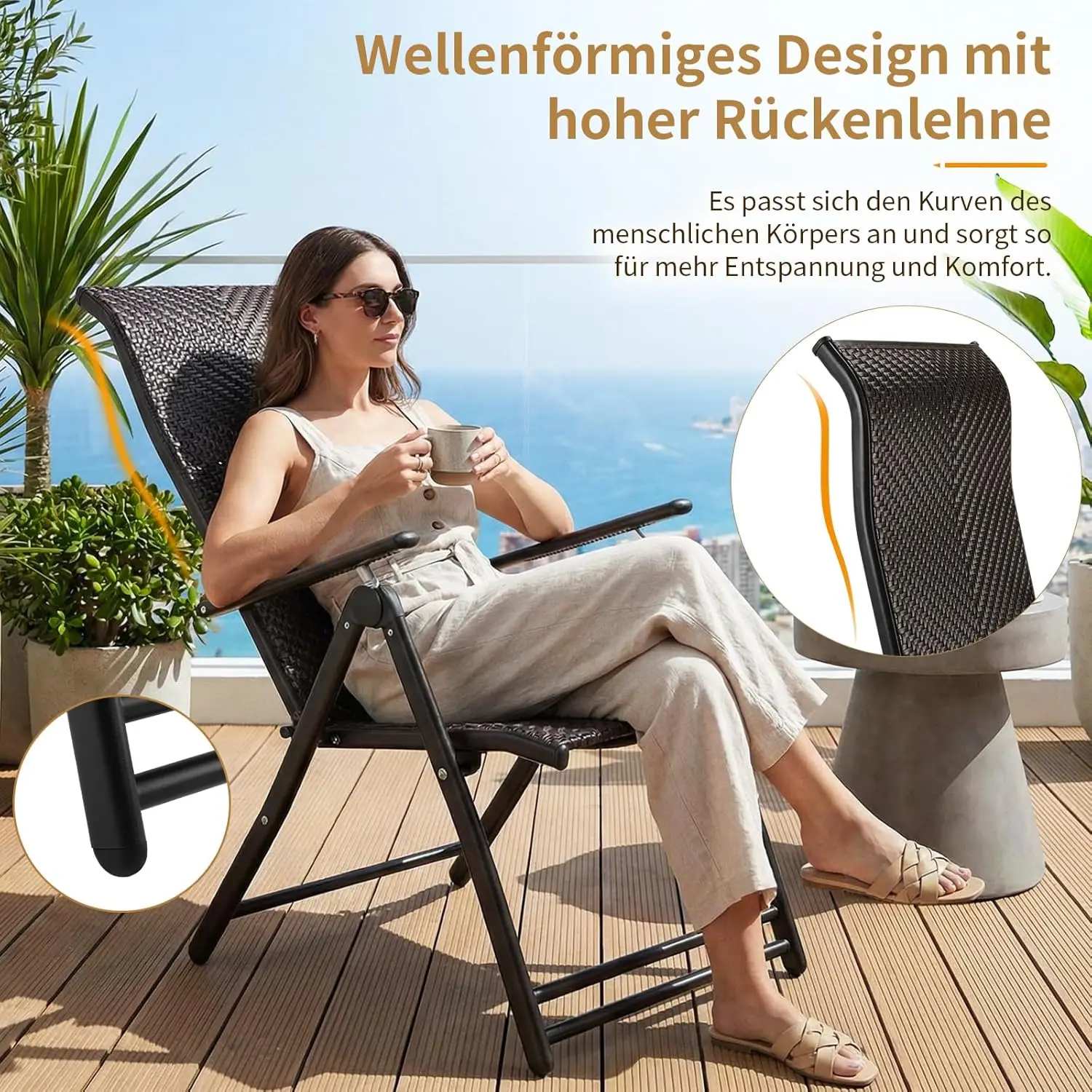 2er-Set Rattan-Liegestühle, klappbarer Balkonstuhl, 7-fach verstellbare Rückenlehne, Gartenliege mit hoher Rückenlehne – Detail 9