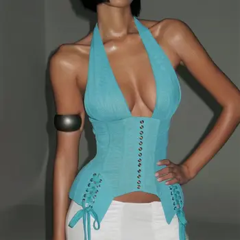 Irregular Hem Backless Tank Tops Women Sexy Skinny Halter Corset Y2k Crop Top Slim Shaper Bustier Summer Fishbone Cami Rave Vest