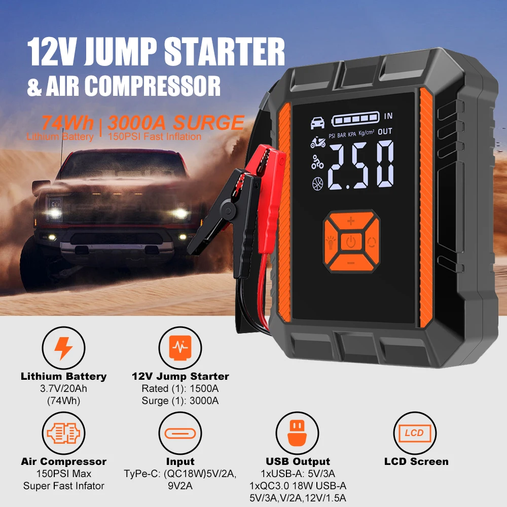 Jump Starter Car 20000mAh Emergency Start Power Supply Air Pump All-in-One Machine Multifunctional Car Power Starter