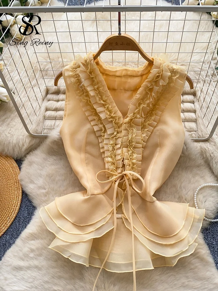 SINGREINY Celebrity Style Organza Hotsweet Top High Qulaity Sleeveless Lace Up Luxury Blouse Bohemian 3D Ruffles Short Tank Top 2