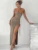 Drawstring High Slit Dress Women Sexy One Shoulder Slim Elastic Maxi Bodycon Party Pleated Vestidos Female Dresses