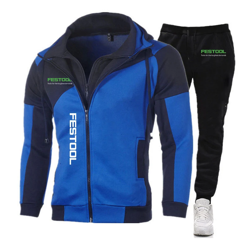 Festool 2023 Men New Spring and Autumn Casual Comfortable Color Matching Diagonal Zipper Fashion Hoodie+Pant Suit