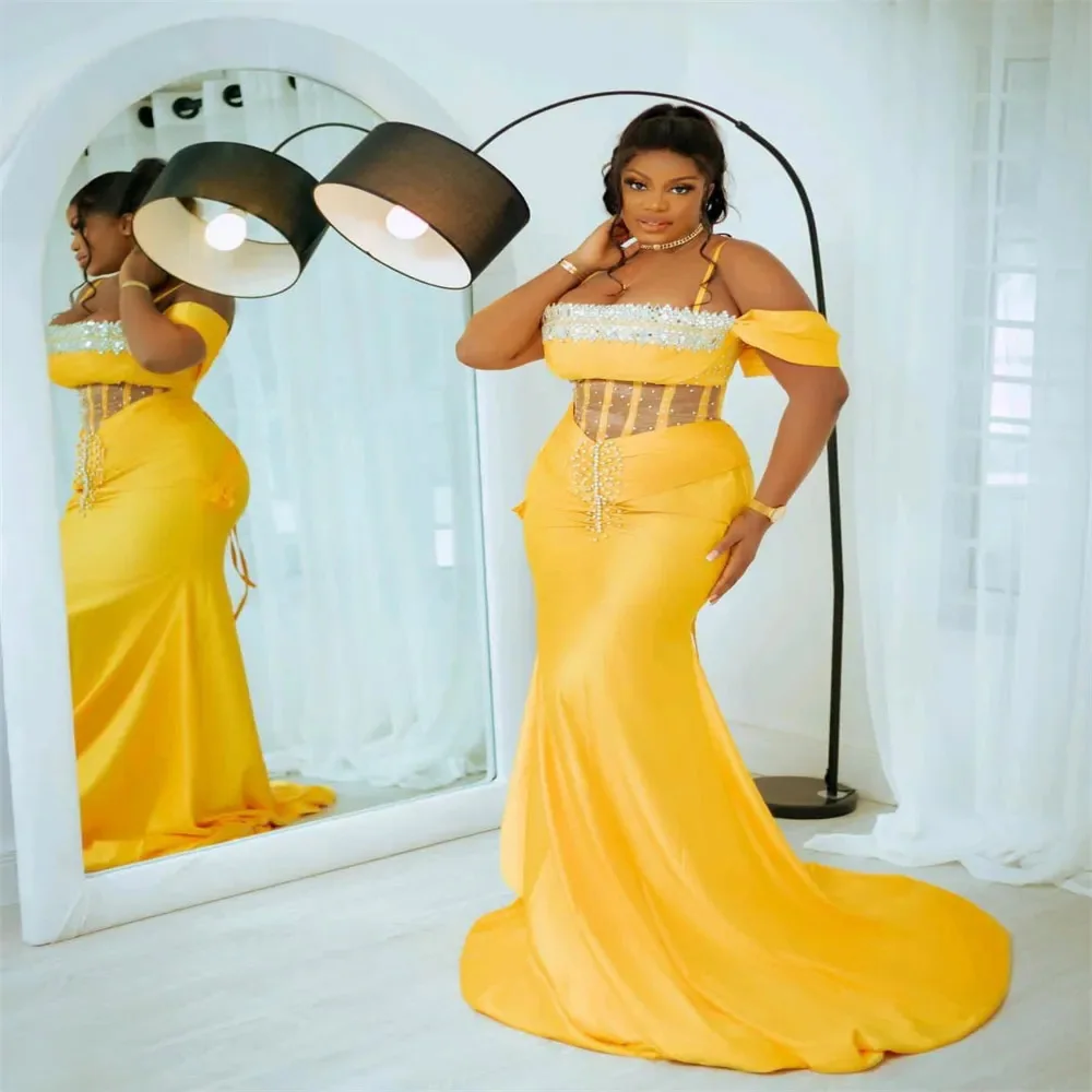 

KSDN Yellow Women Evening Dress Soaghetti Strapless Chapel Train Sequined Sexy Prom Gown Formal Party فساتين مناسبة رسمية2024