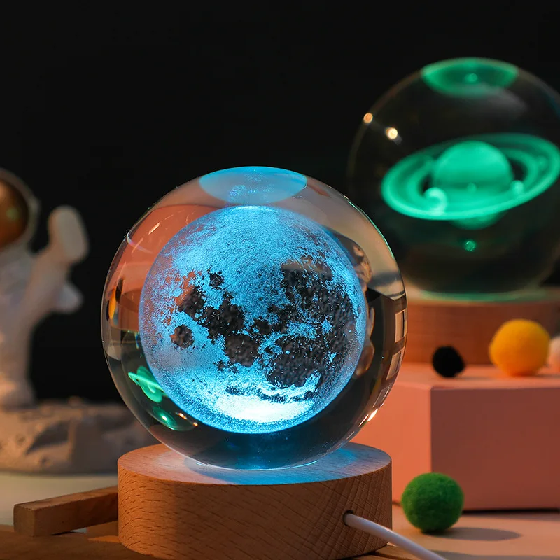 Led 3D Moon Crystal Ball Night Light Ornament Galaxy Planets Space Glass Ball Light Home Decor Child Solar System Crystal Balls