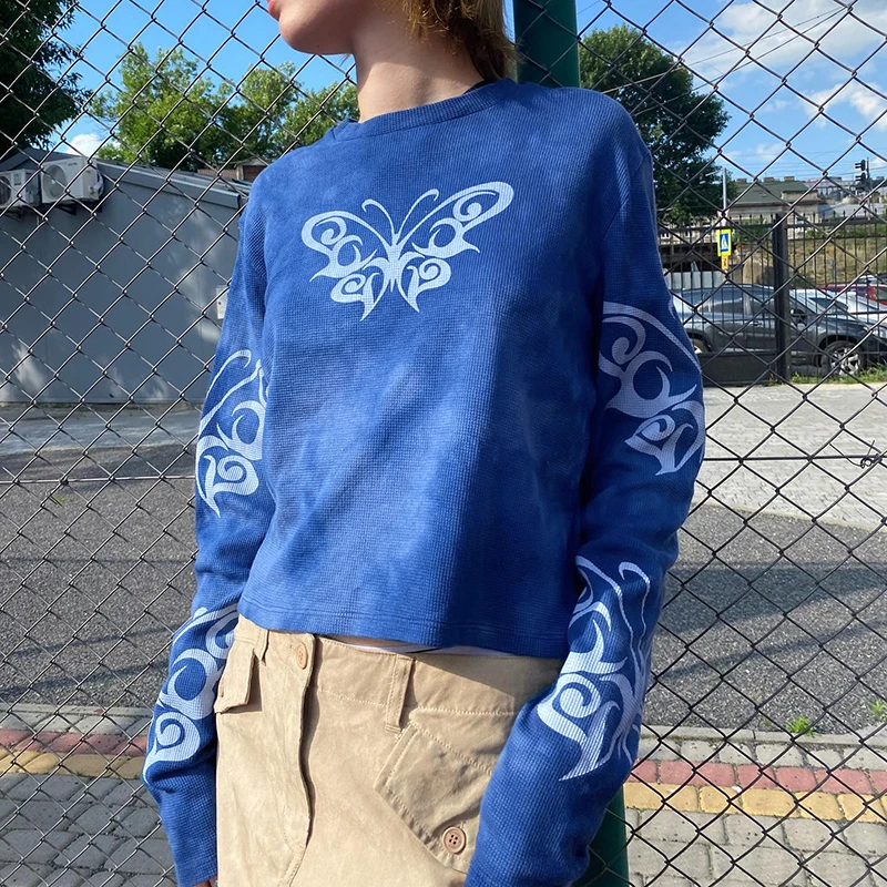 

Женская футболка гранж Combhasaki Y2K, винтажные Топы с длинным рукавом и принтом бабочки, летние пуловеры с круглым вырезом в стиле Харадзюку, уличная одежда