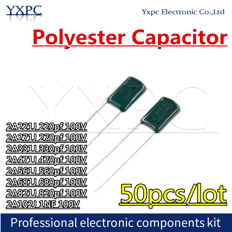 50pcs 100V Polyester Film Capacitor 2A221J 2A271J 2A331J 2A471J 2A561J 2A681J 2A821J 2A102J 2A122J 2A152J 220pf 1NF 680pf 1.2nF