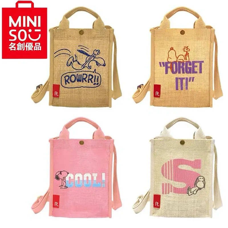 

MINISO New Snoopy Cartoon Anime Single Shoulder Crossbody Bag Woven Cotton and Linen Embroidered Storage Handbag