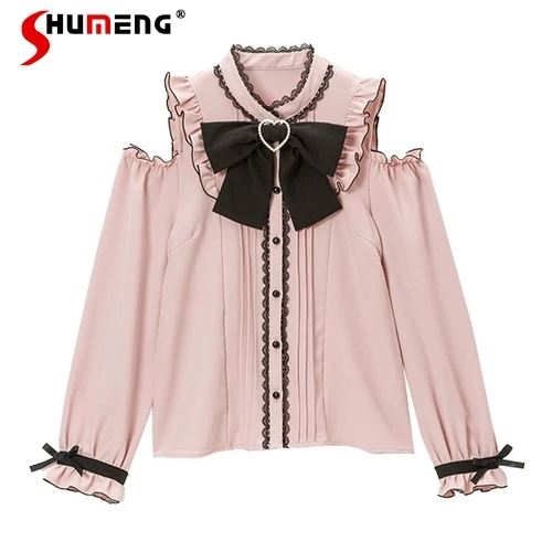 Women Blouses Japanese Rojita Bottoming Shirt 2023 Spring New Off-Shoulder Long Sleeve Tops Love Heart Blouses Camisa Feminina