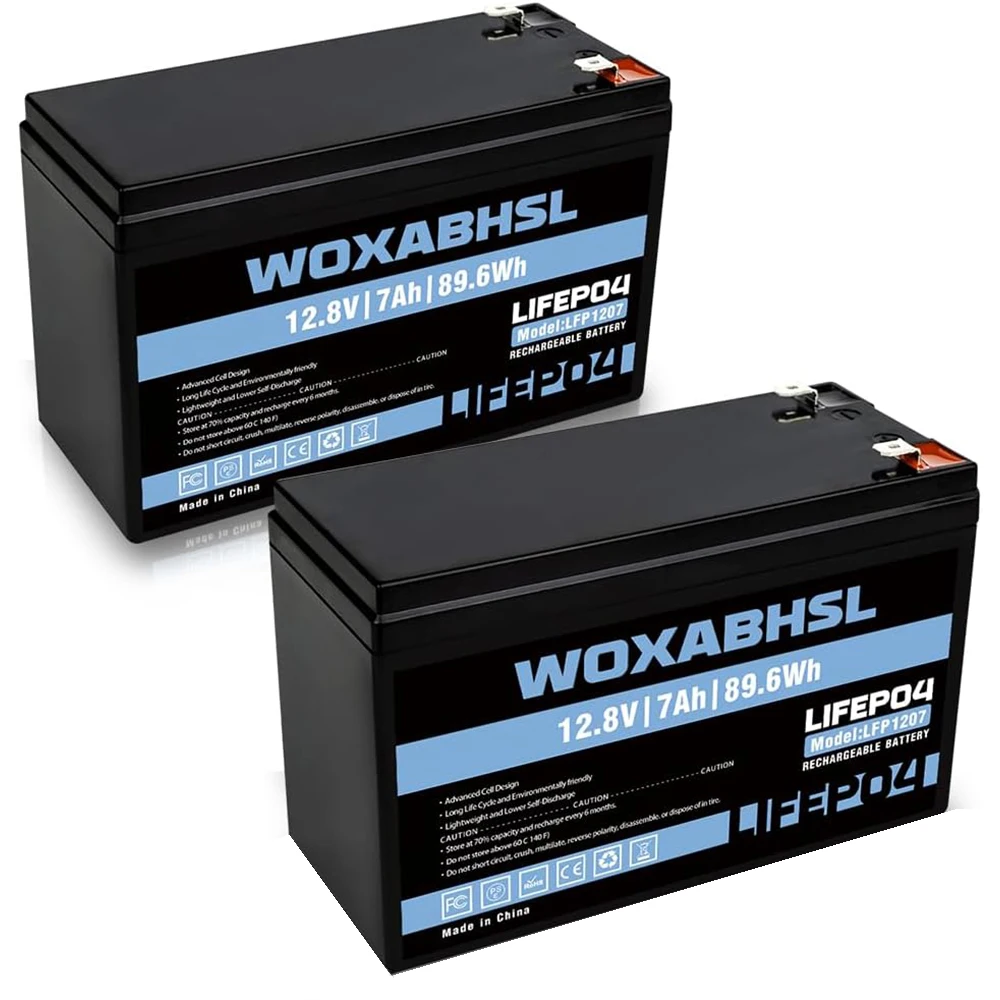 12V 7Ah LiFePO4 Lithium Battery, 2 PCS, Built-in BMS, 5000+ Cycles Rechargeable Battery for Solar/Wind Power, Small UPS