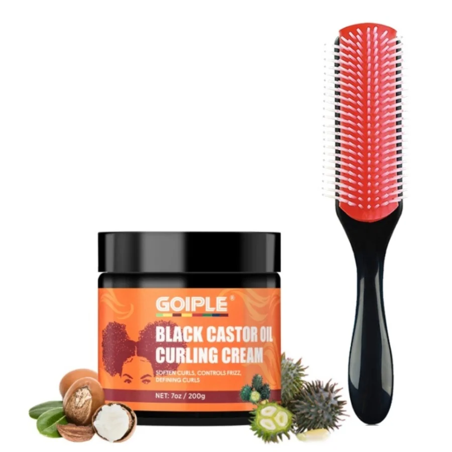 GOIPLE 200g Black Castor Oil Curling Cream Moisturizing Nourishing Cream Curl Soft Styling Product Curl Elastic Enhancer & Brush