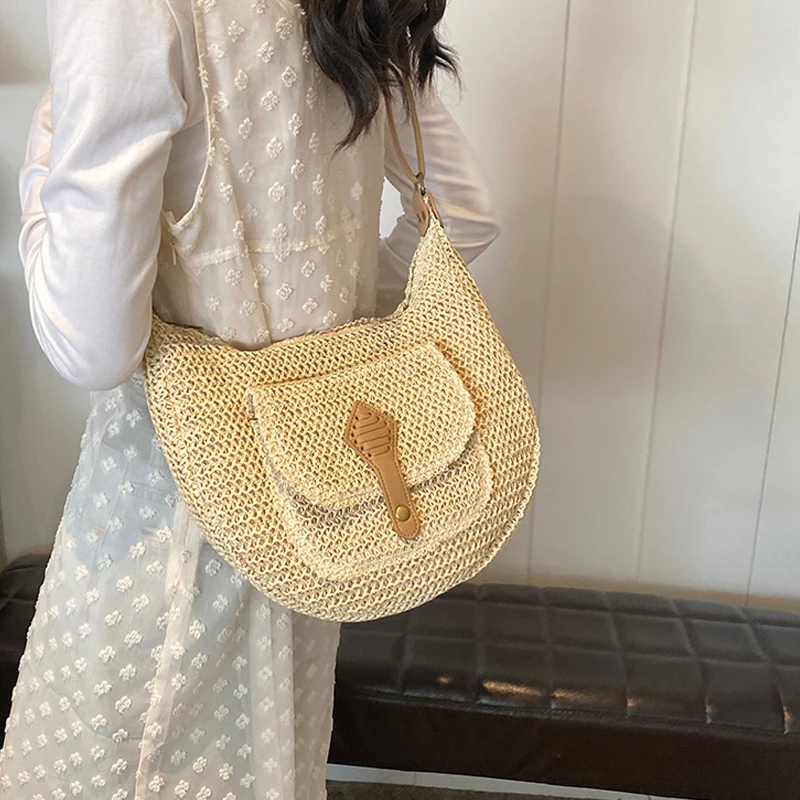 Woven Summer Fashion Straw Bag Beach Holiday Crossbody Bag Shopping Large Capacity Shoulder Handbag Messenger Ladies Women