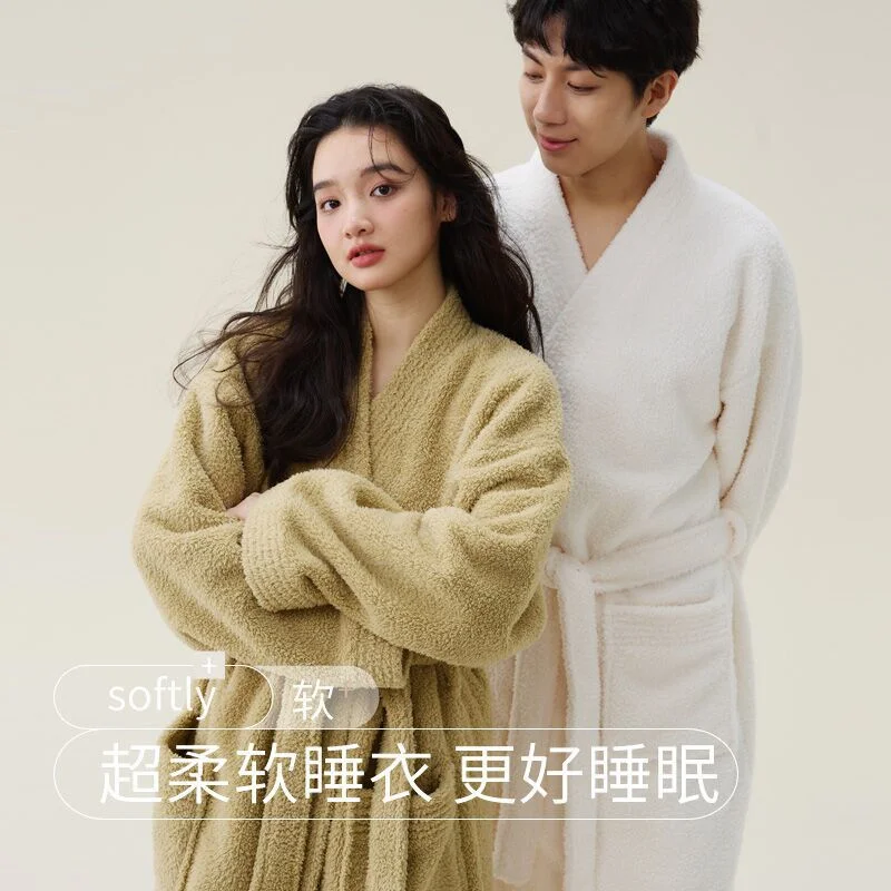 Autumn Winter New Couple Nightgown Coral Plush Plus Thick Plush Men's and Women's Extra Long Solid Causal Bathrobe