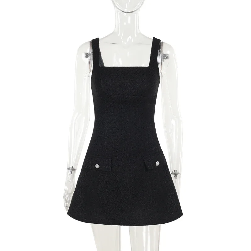 Elegantes, schmal geschnittenes, ärmelloses A-Linien-Party-Club-Minikleid im Xiaoxiang-Stil mit quadratischem Ausschnitt – Detail 11