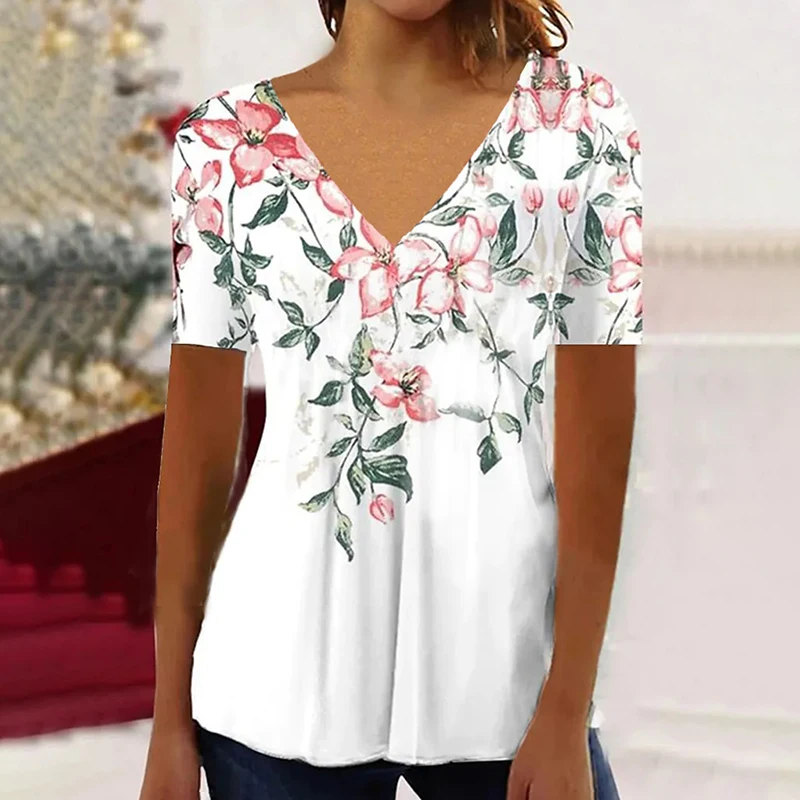 2023 New Women's V-Neck Printed Flower Pattern Short-Sleeve T-Shirt Summer Casual Breathable Refreshing Y2K Top Trend T-Shirt images - 6